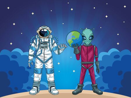 astronaut and alien in the space characters vector illustration designのイラスト素材