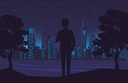 cyber punk poster with man in landscape silhouette vector illustration designのイラスト素材
