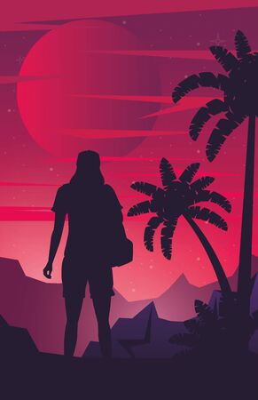 cyber punk poster with woman in landscape silhouette vector illustration designのイラスト素材