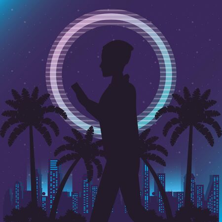 cyber punk poster with woman in landscape silhouette vector illustration designのイラスト素材