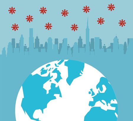 covid19 pandemic particles with earth planet and cityscape vector illustration designのイラスト素材