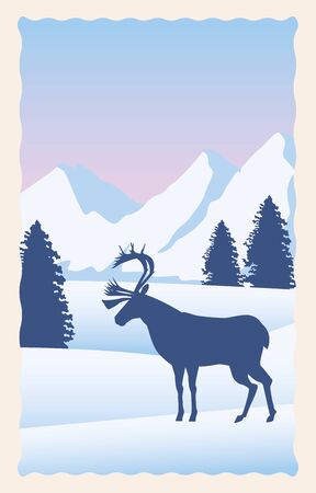 snowscape flat scene with mountains and deer vector illustration designのイラスト素材