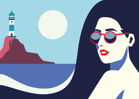 beautiful woman fashionable with sunglasses in seascape vector illustration designのイラスト素材