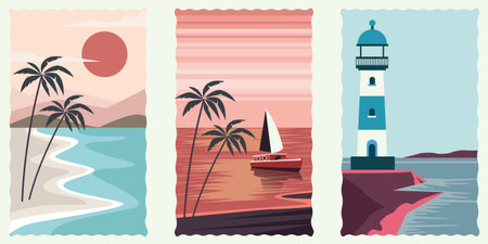 set of sea scape flat scenes vector illustration designのイラスト素材