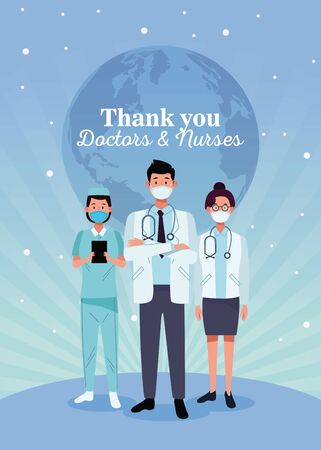 group of doctors staff characters with thak you message vector illustration designのイラスト素材