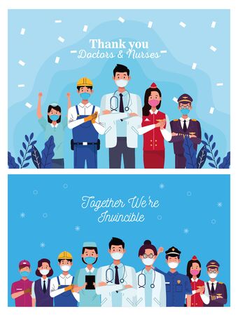 group of workers using face masks and positive messages vector illustration designのイラスト素材