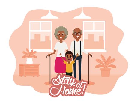 stay at home campaign with afro grandparents and grandson vector illustration designのイラスト素材