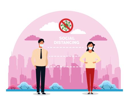 business couple using face masks for covid19 in the street vector illustration designのイラスト素材
