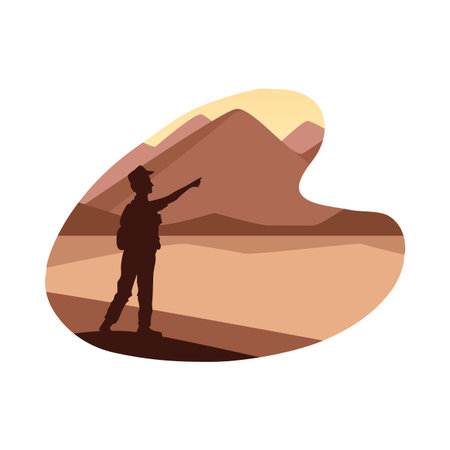 desert landscape flat scene with traveler silhouette vector illustration designのイラスト素材