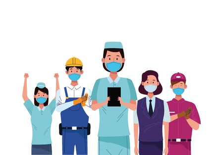 group workers using face masks for covid19 vector illustration designのイラスト素材