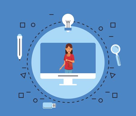 online education tech with student girl and desktop vector illustration designのイラスト素材