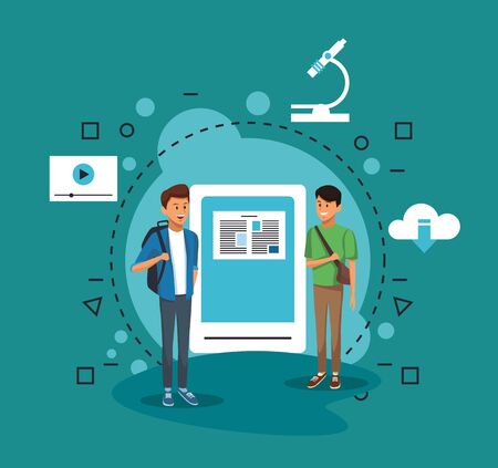 online education tech with students boys and tablet vector illustration designのイラスト素材