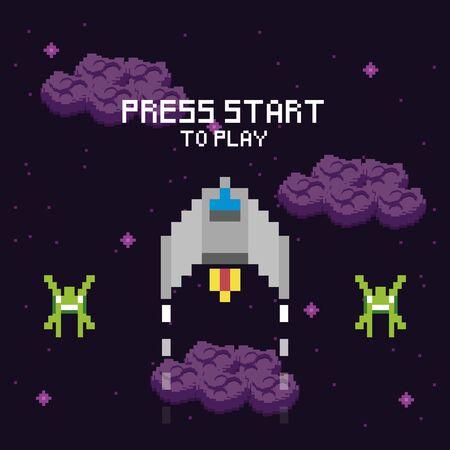 video game space pixelated scene and press star message vector illustration designのイラスト素材