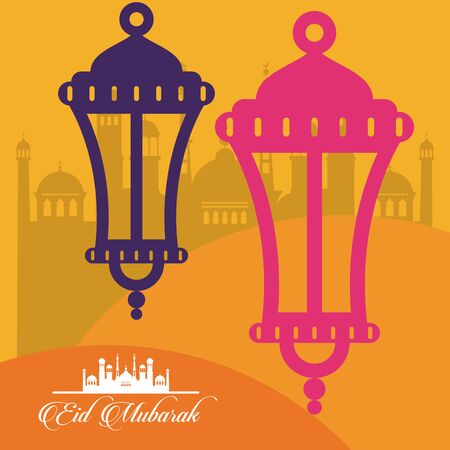 eid mubarak celebration card with lanterns hanging and mosques scene vector illustration designのイラスト素材
