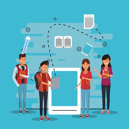 online education tech with students and tablet vector illustration designのイラスト素材