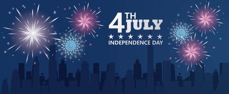 fourth july usa independence day celebration with fireworks and cityscape vector illustration designのイラスト素材