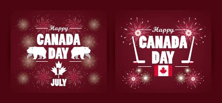 first july canada day celebration poster with hockey sport equipment vector illustration designのイラスト素材