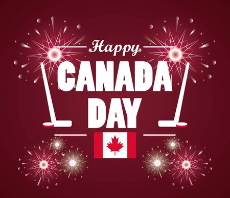 first july canada day celebration poster with hockey sport equipment vector illustration designのイラスト素材