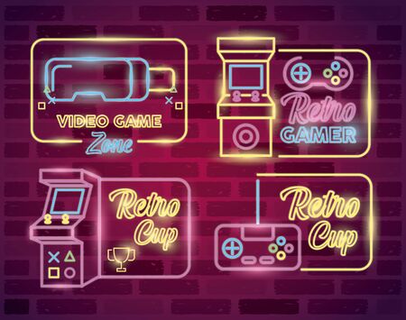 retro video game neon with set icons vector illustration designのイラスト素材