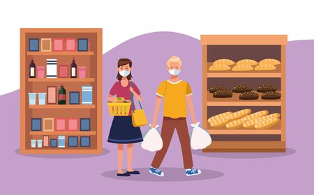 couple shopping in supermarket with face mask vector illustration designのイラスト素材
