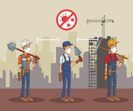 group of builders using face mask for covid19 vector illustration designのイラスト素材