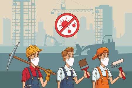 group of builders using face mask for covid19 vector illustration designのイラスト素材