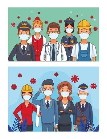 group of workers using face masks for covid19 vector illustration designのイラスト素材