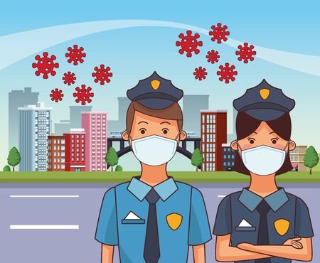 polices couple workers profession using face masks vector illustration designのイラスト素材
