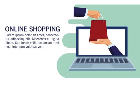 banner shopping online with laptop and shopping bags vector illustration designのイラスト素材