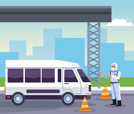 biosafety worker desinfect van for covid19 vector illustration designのイラスト素材