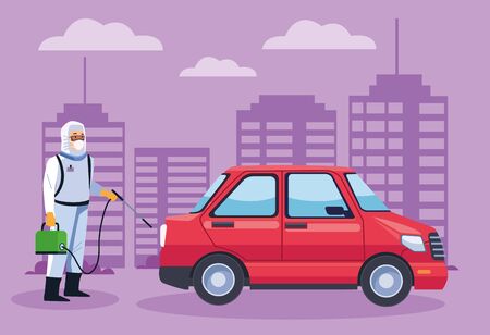 biosafety worker desinfect car for covid19 vector illustration designのイラスト素材