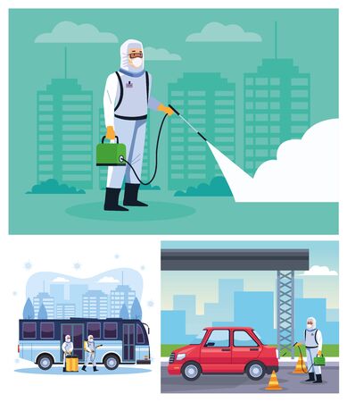 biosafety workers disinfect bus and car for covid19 vector illustration designのイラスト素材