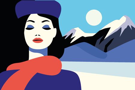 beautiful woman fashionable with hat in snowscape vector illustration designのイラスト素材