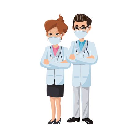 couple doctors using medical masks vector illustration designのイラスト素材