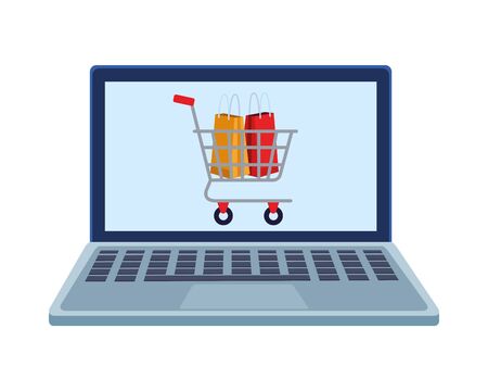 paper shopping bags and cart in laptop vector illustration designのイラスト素材
