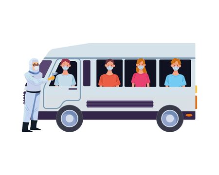 biosafety worker with thermometers laser in van and people vector illustration designのイラスト素材