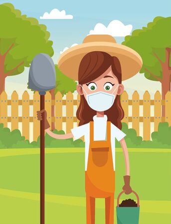 female farmer wearing medical mask scene vector illustration designのイラスト素材