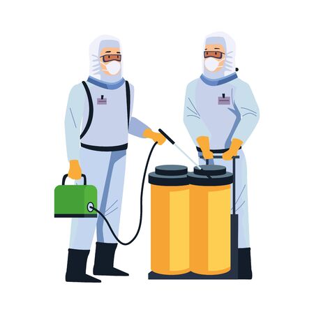 biosafety workers with sprayer portable and tanks vector illustration designのイラスト素材