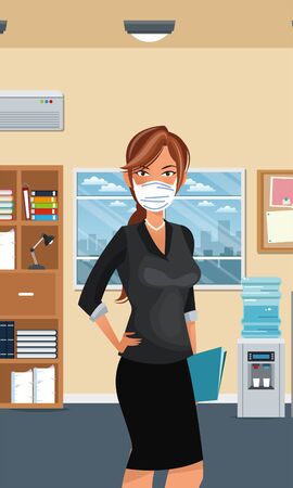 businesswoman working and wearing medical mask vector illustration designのイラスト素材