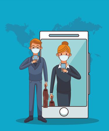 couple wearing medical mask and smartphones for stay connected vector illustration designのイラスト素材