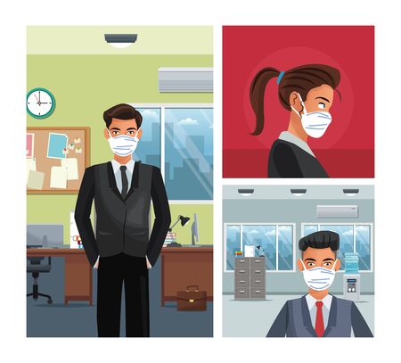 business people working and wearing medical mask vector illustration designのイラスト素材