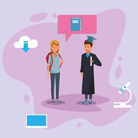 online education tech with students couple vector illustration designのイラスト素材
