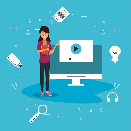 online education tech with student girl and desktop vector illustration designのイラスト素材