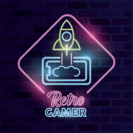 retro video game neon with rocket vector illustration designのイラスト素材