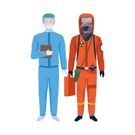 workers wearing biosafety suits characters vector illustration designのイラスト素材