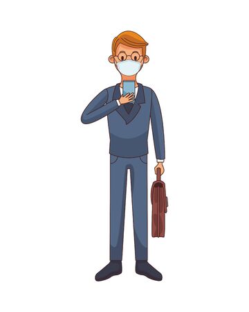 young man using medical mask and smartphone vector illustration designのイラスト素材