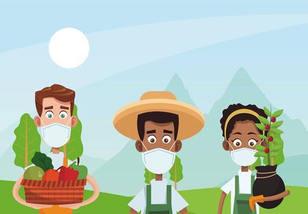 farmers wearing medical masks scene vector illustration designのイラスト素材
