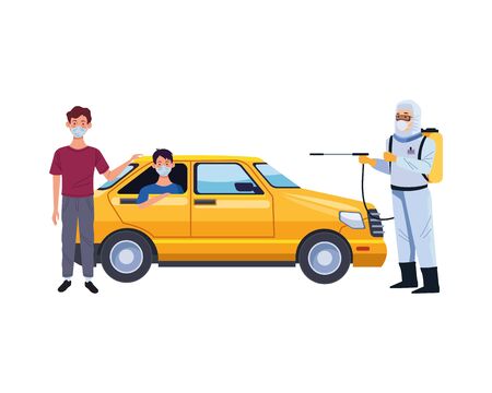 biosafety worker with sprayer portable and taxi vector illustration designのイラスト素材