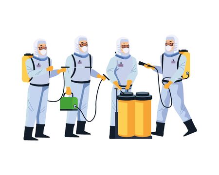 biosafety workers with sprayer portable and tanks vector illustration designのイラスト素材