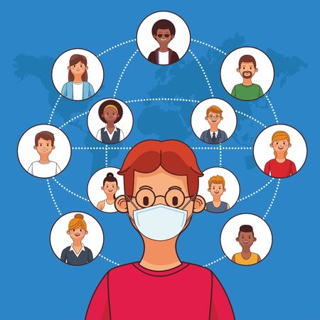 people wearing medical mask and technology for stay connected vector illustration designのイラスト素材